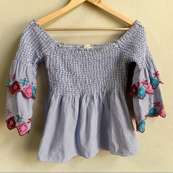 LOFT Off The Shoulder Blue Stripe Floral Embroidered Top - Picture 2 of 6